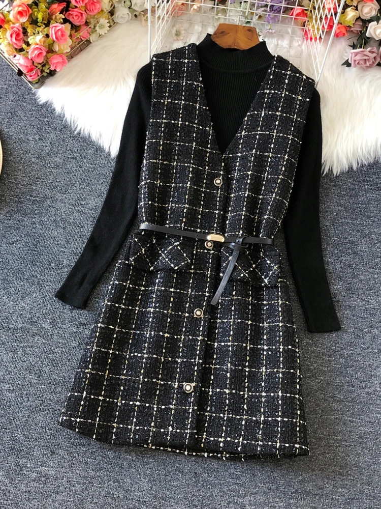 Small fragrance winter plaid French style tweed woolen tank dress women v-neck slim a-line bottoming dress