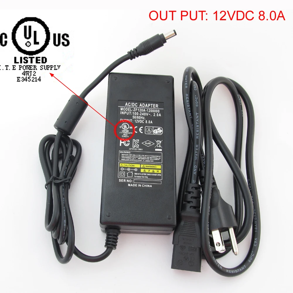 

1pc 12V 8A Power Adapter 3 Prong AC Plug to 2.5mmx5.5mm DC Power Plug Cable UL