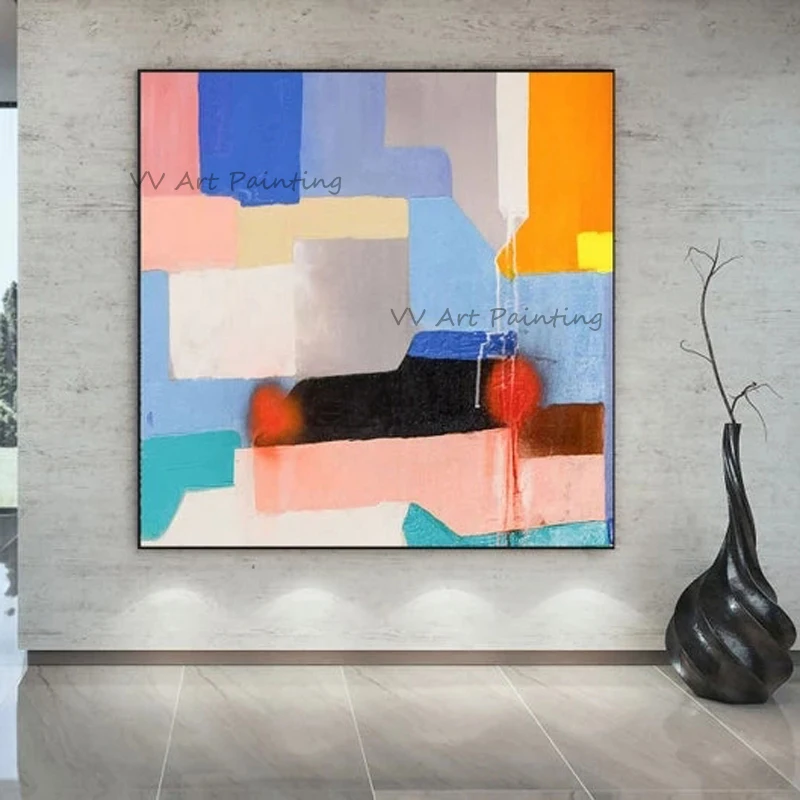 Handmade Bright Multicolor Geometric Canvas Art, Hand Painted Bold Abstract Oil Painting, Mid Century Modern Home Decor