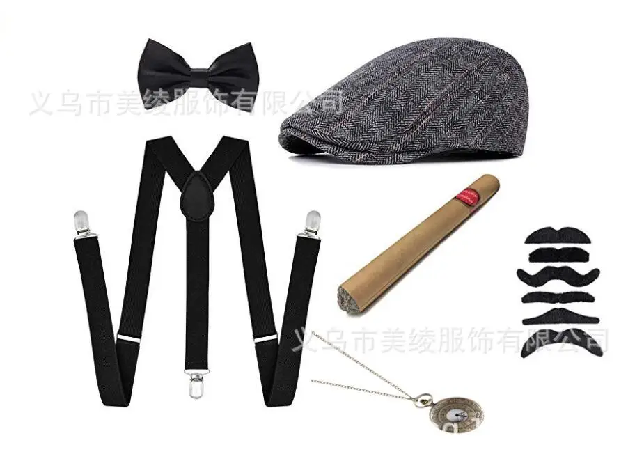 1920s Halloween 20s Cosplay Gangster Set Männer Party Requisiten Baskenmützen Zigarre Hosenträger Taschenuhr Gatsby Kostüm Zubehör Set