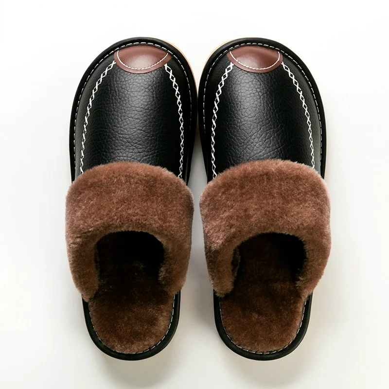 Men Winter Leather Slippers Bedroom Cotton Slippers Waterproof Thick Plus Velvet Indoor Warm House Home Slippers Shoes Fashion