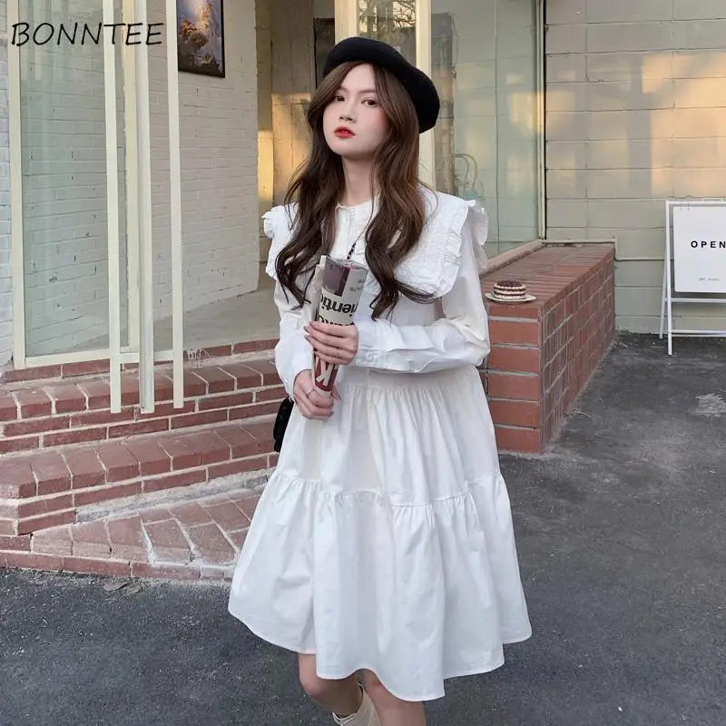 Dress Women Fashionable Sundress Long Sleeve Peter Pan Collar Solid Korean Style Retro A-line Ladies Loose All-match Casual Teen