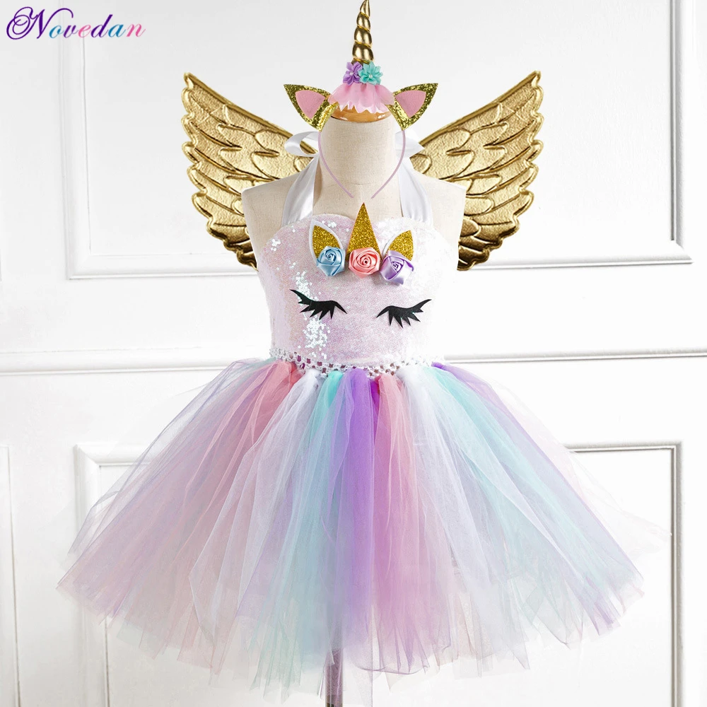 New Kids Unicorn Costumes For Girls Unicorn Tutu Dress With Gold Headband Wings Princess Girls Halloween Party Dress 2-10 Years image 3