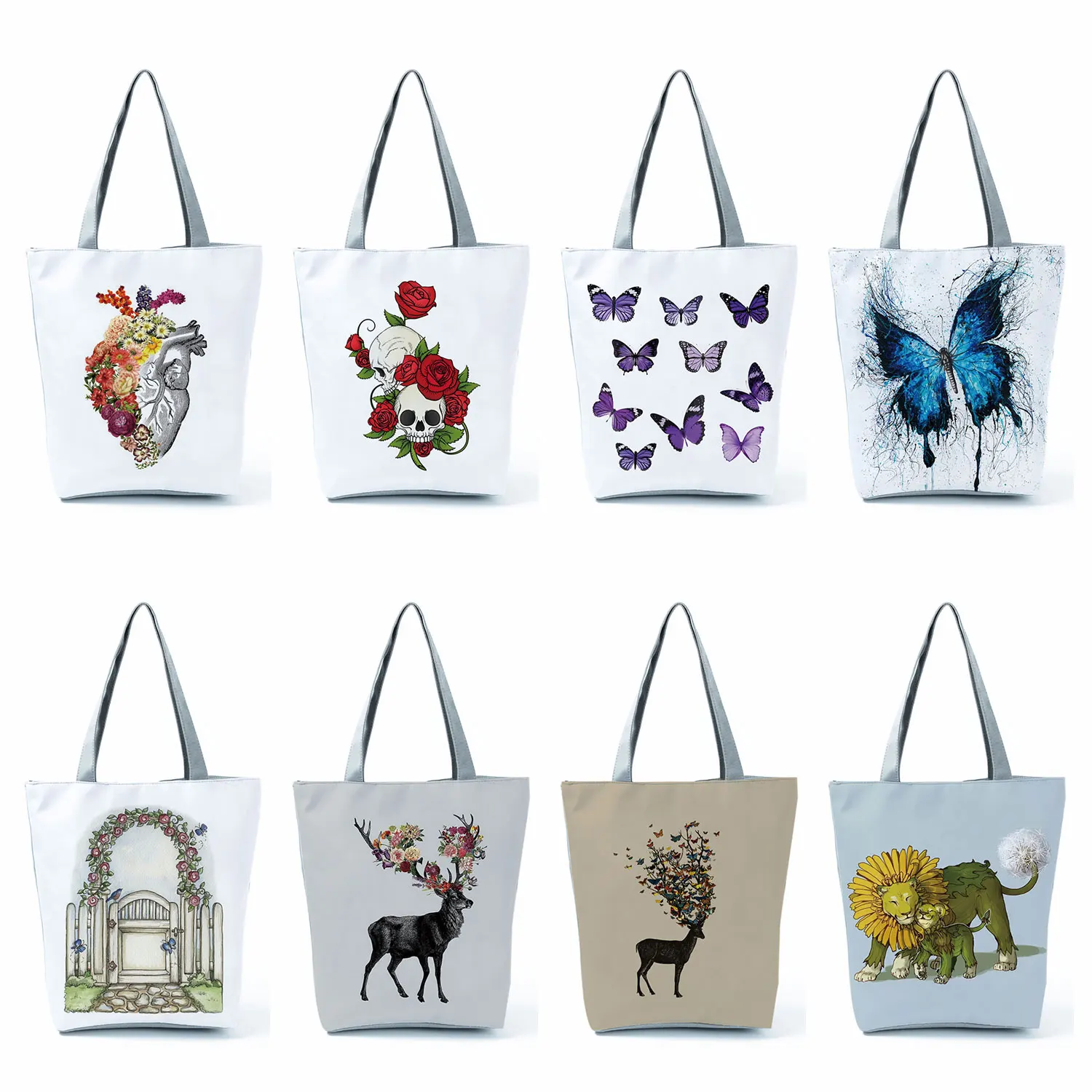 

Butterfly Printed Cartoon Handbags Reusable Women Shoulder Bag Tote Travel Beach Bag Floral High Capacity Foldable Shopping Bag