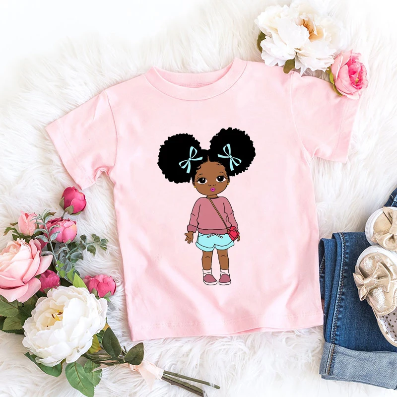 

Newly Girls T-Shirt Harajuku Black Pigment Blowing Bubble Black Girl Print Girls T Shirt Summer Casual Kids Tshirt Tops