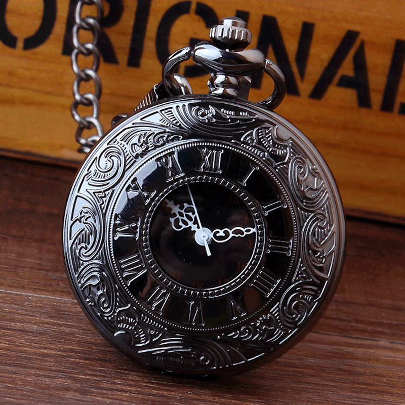 Retro Bronze Vintage Pocket Watch Necklace Chain Pendant Black Antique Steampunk Mens Quartz Pocket Watches Relogio De Bolso