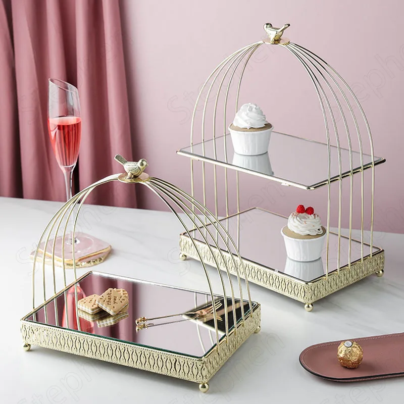 Gilded Bird Wrought Iron Cake Stand European Modern Double Layer Birds Cage Flow Gold Texture Dessert Plate Wedding Decoration