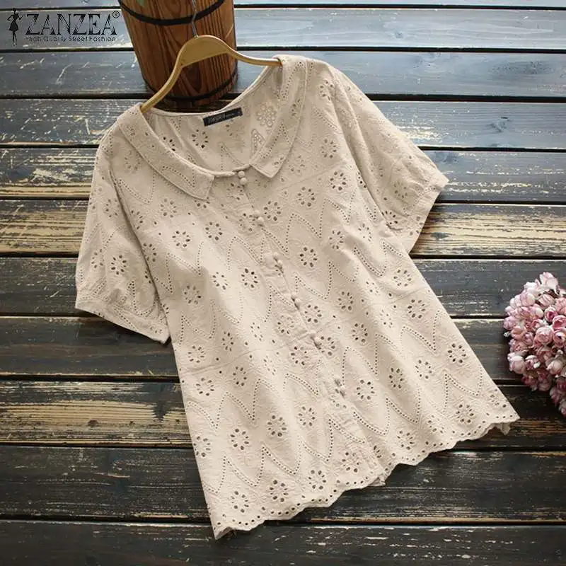 Bohemian Lace Top Women\'s Embroidery Blouses ZANZEA 2023 Casual Short Sleeve Blusas Female Button O Neck Tunic Oversized Chemise