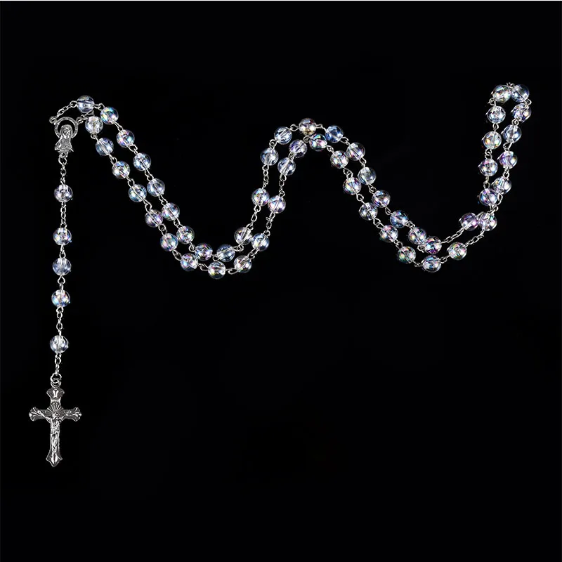 Virgin Mary Catholic Jesus Christ Religious Jewelry Female Glass Pearl Long Chain Rosary Necklace