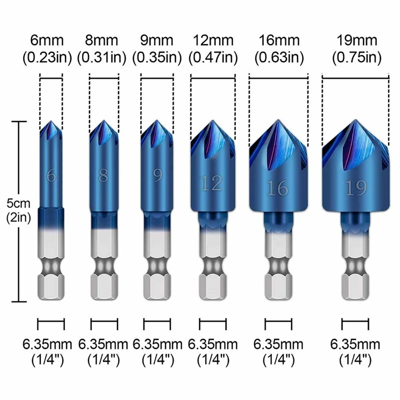 6Pcs Countersink Drill Bit Set 1/4'' Hex Shank HSS 5 Flute Countersink 90 Degree Wood Chamfering Cutter Chamfer 6mm-19mm