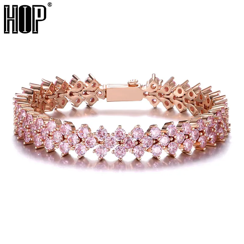 Hip Hop 10MM Bling Iced Out Rose Tennis Chain CZ Copper Setting AAA+ Cubic Zirconia Stones Bracelet For Men Women Jewelry