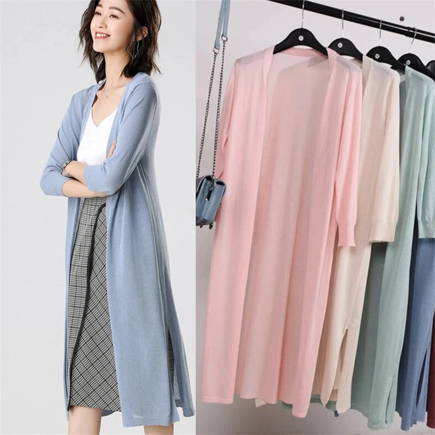 Women Midi Long Thin Cardigan Jacket Summer Autumn Casual Silk Knitted Cardigans Female Loose Sweater Coat Plus Size 3XL AB1508