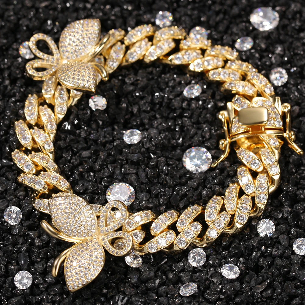 

1 New Fashion Luxury Jewelry 12mm CZ Butterfly Bracelet Cuban Chain Micro Pave Cubic Zircon Gold Silver Color for Men Clasp