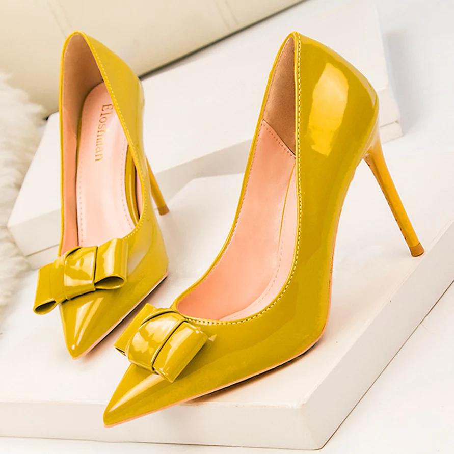 

Yellow Pink Patent Leather Sweet Bowknot Women Pumps Spring Shallow Ladies Office Pointed Toe Sexy High Heels Party Shoes Woman