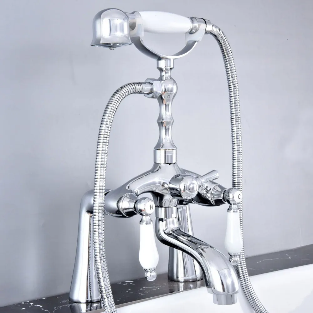 Deck Mounted Polished Silver Chrome Brass Bathroom Tub Faucet Set with 150CM Handheld Shower Spray Head Bath Mixer Tap 2tf758