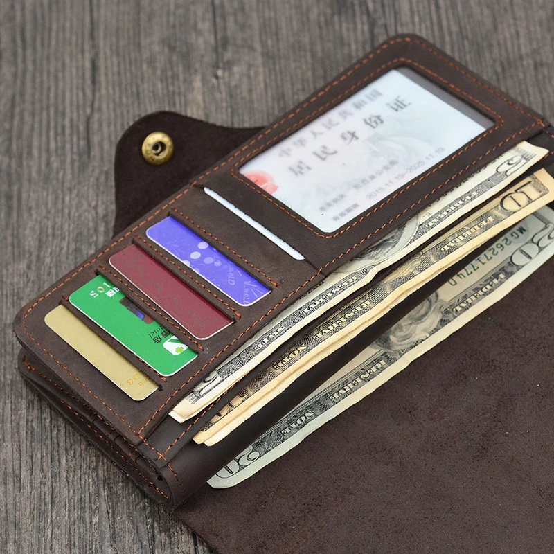 Men\'s Crazy Horse Leather Long Wallet Brown Real leather Trifold clutch snap purse Hasp purse with Phone pocket and coin pocket