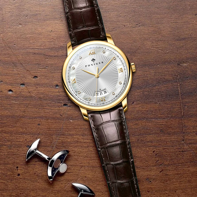 Poniger topo marca de luxo masculino relógio de pulso quartzo com pulseira de couro casual relógio de negócios masculino safira à prova dwaterproof água data relógios