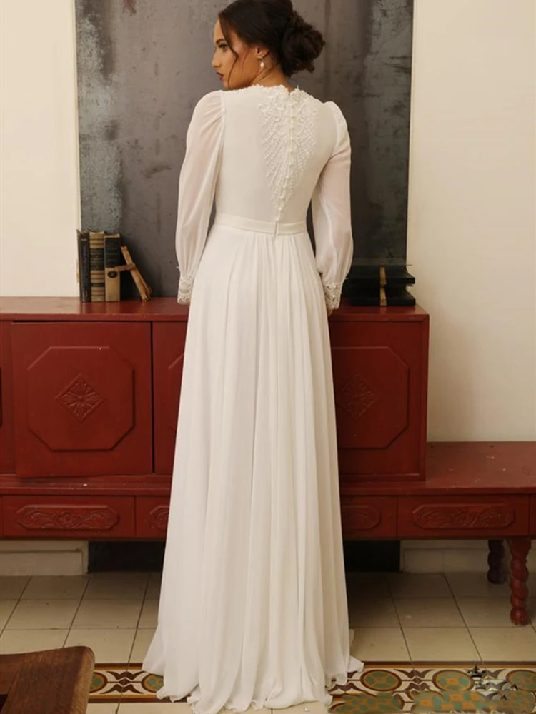 Vestidos de novia de gasa de encaje con apliques, cuello alto, manga larga hasta el suelo, diseño Vintage, vestido de novia