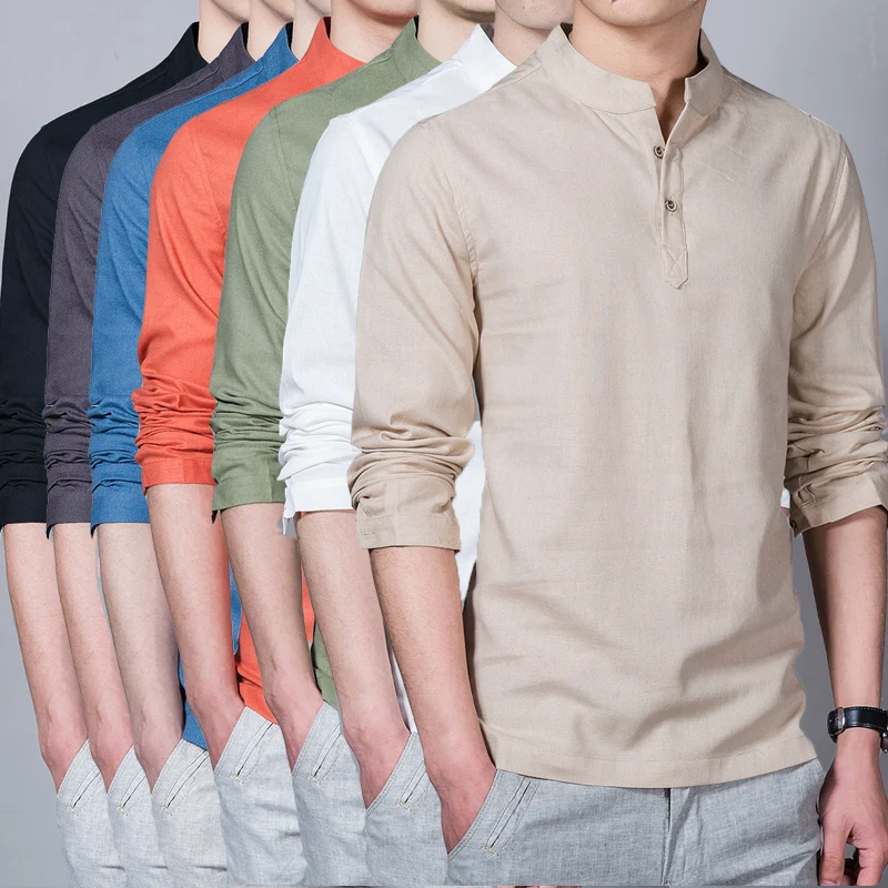 Men Spring Tops & Tees Male Fashion T-Shirts Stand Collar Long-sleeved Slim Base Shirt Homme Linen Cotton Men\'s Clothing