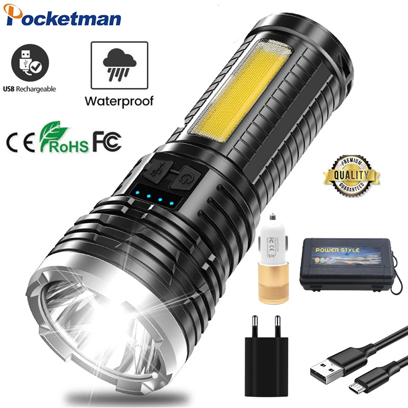 Bright High Power COB Side Light LED Flashlight USB Rechargeable Built-in Battery Tactical Torch Waterproof Light