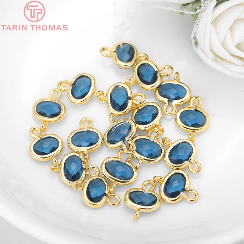 4PCS 9x12MM 24k Champagne Gold Color Plated Brass With Oval Colourful Glass Beads 2 Holes Connect Charms Quality Accessories