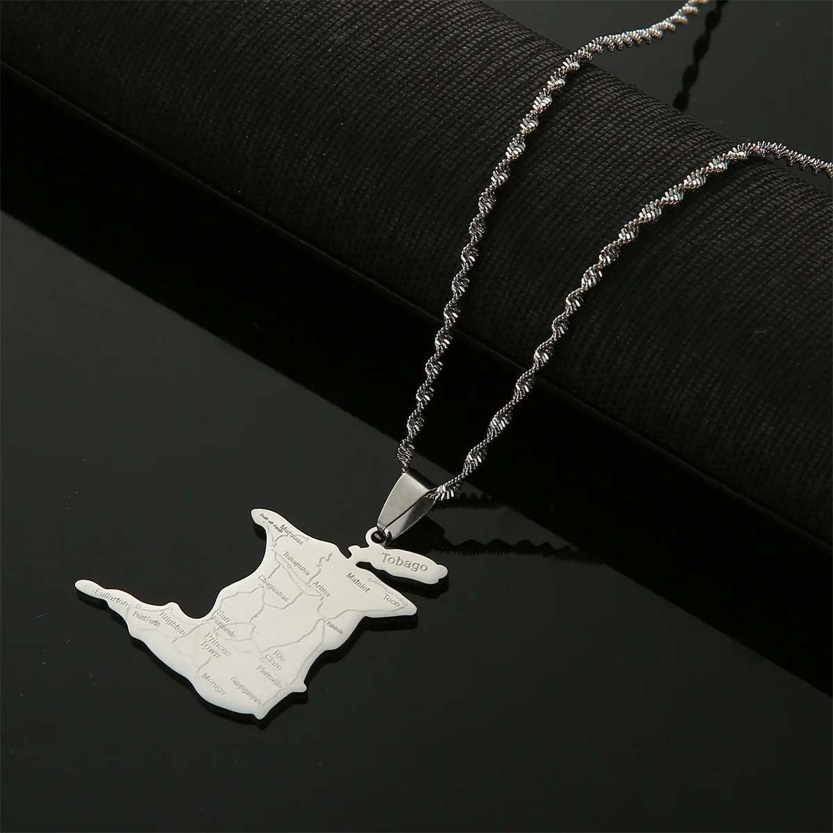 Stainless Steel Trinidad and Tobago Map Pendant Necklace Women Men Ethnic City Name Jewelry