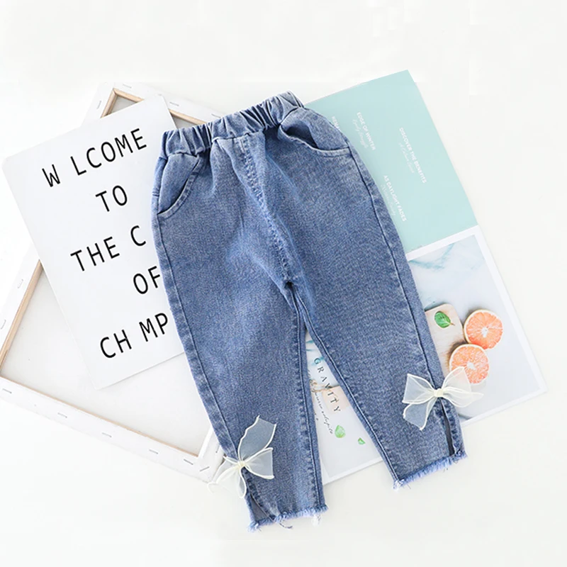 Cute Clothes for Kid Baby Girl Outfit Set Fashion Dot Lace Collar + Long Denim Bows Trousers Children Clothing 1 2 3 4 Years