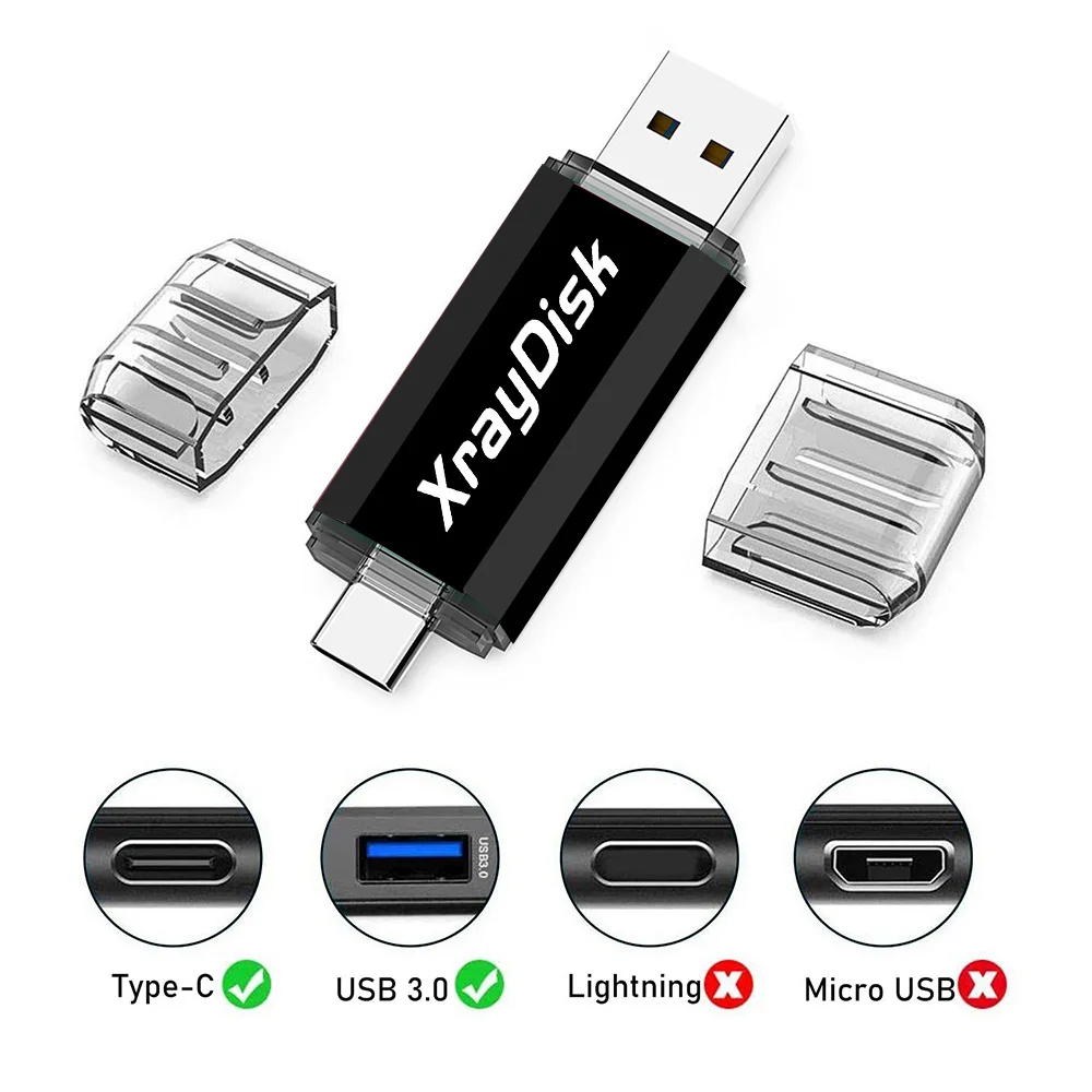 Xraydisk Usb C Type C Flash Drive 32GB 64GB 128GB 256GB 2 In 1 Otg USB3.0 Thumb Drive Memory Stick with External Storage Data