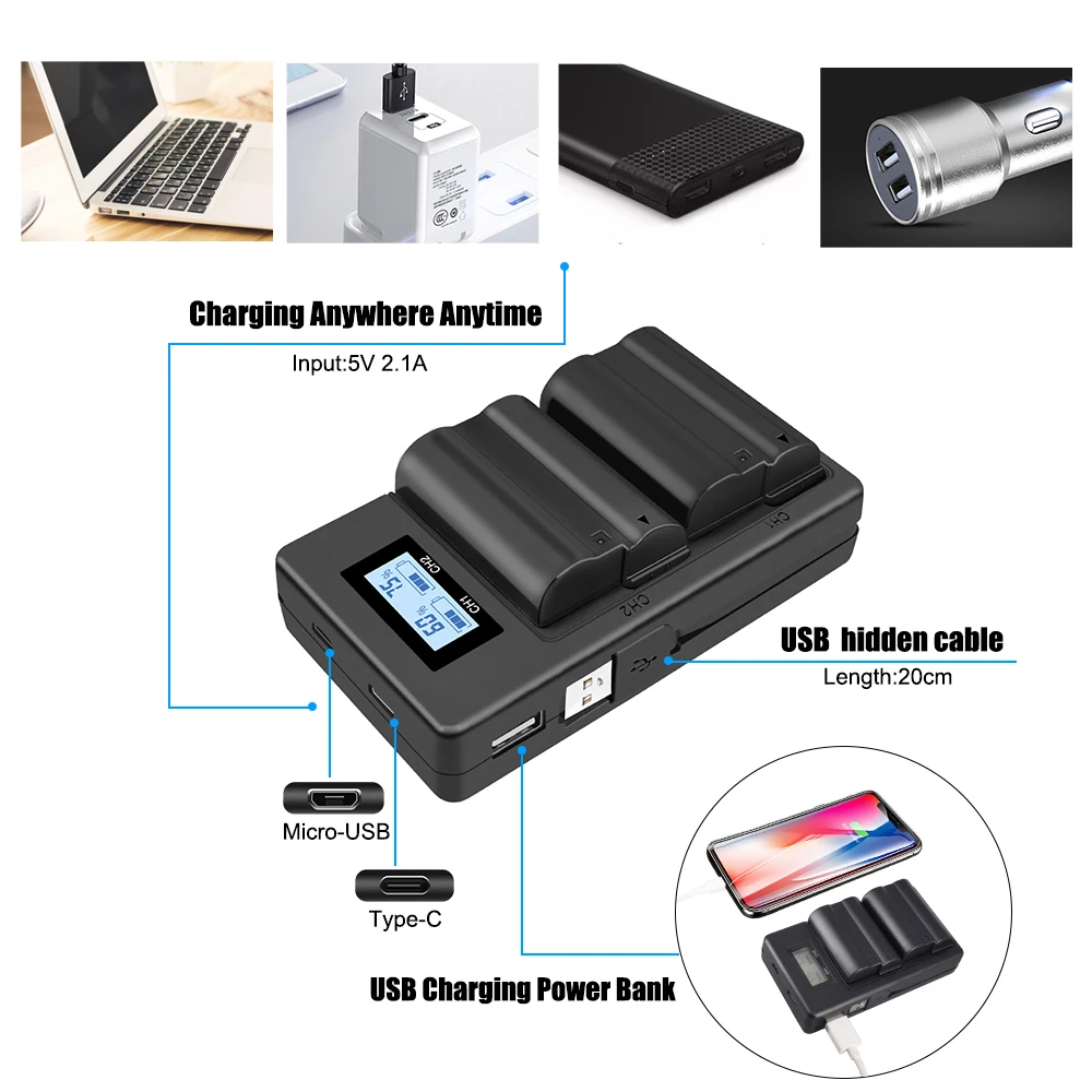 Kamera USB z inteligentną EL-15 z ładowarką bateria dla nikona D7200 D600 D850 D750 D610 szybka ładowarka mobilny powerbank z podwójnym ładowaniem