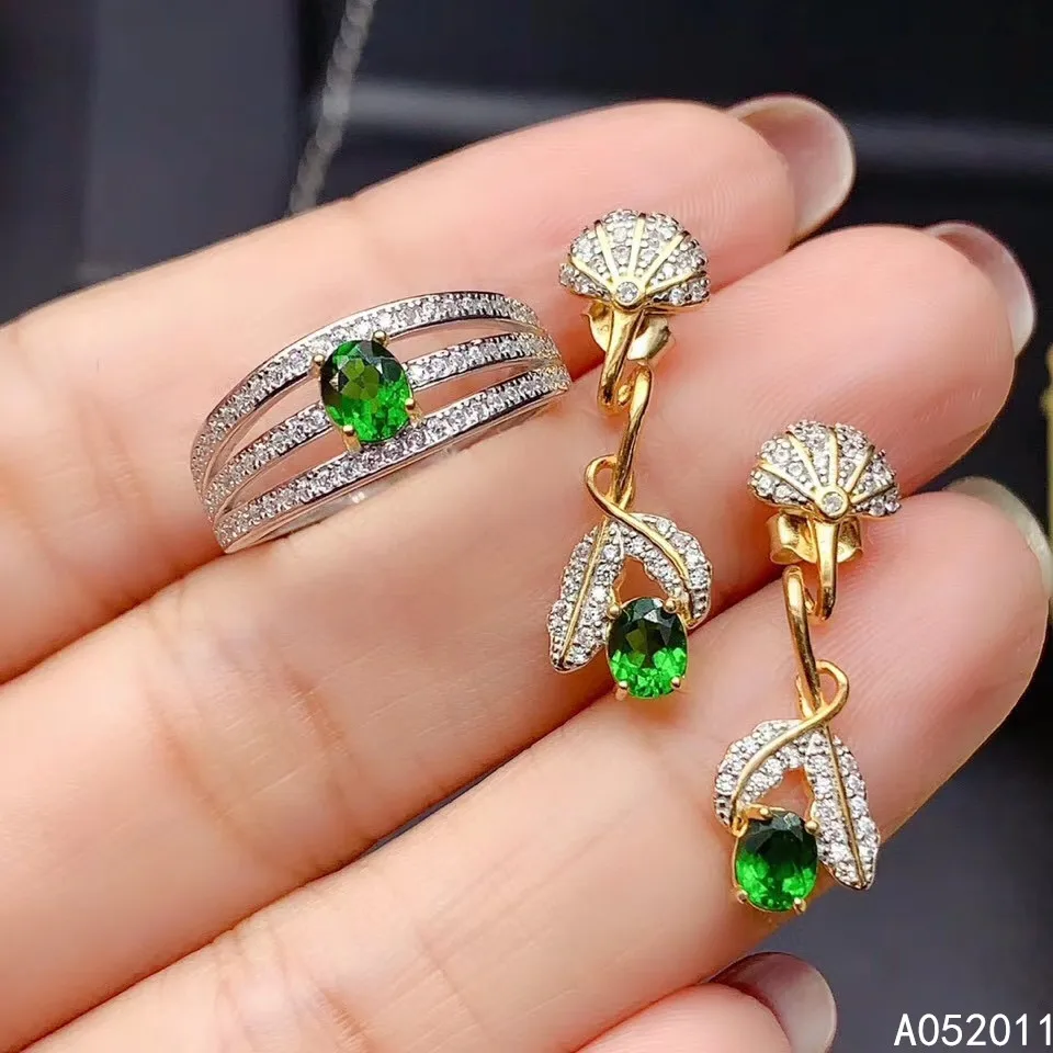 

KJJEAXCMY fine jewelry natural diopside 925 sterling silver classic girl new gemstone ring earrings suit support test