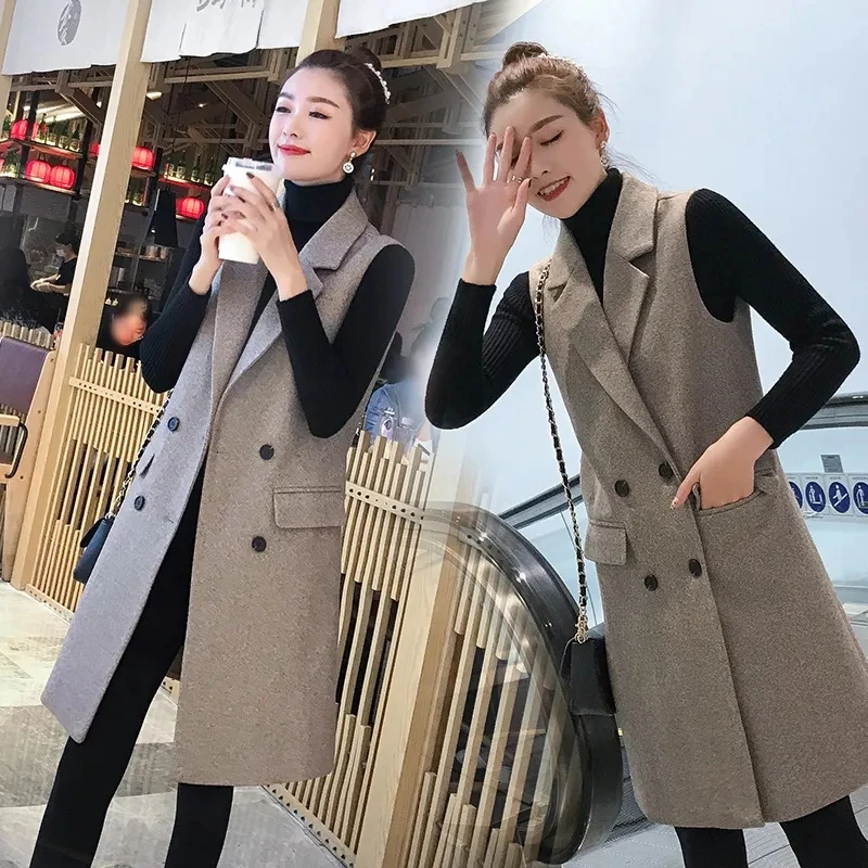 Woolen Long Vest Women Coat Sleeveless Double Breasted Waistcoat Jacket Winter Fashion Parkas Office Casual Gilet Femme Cardigan