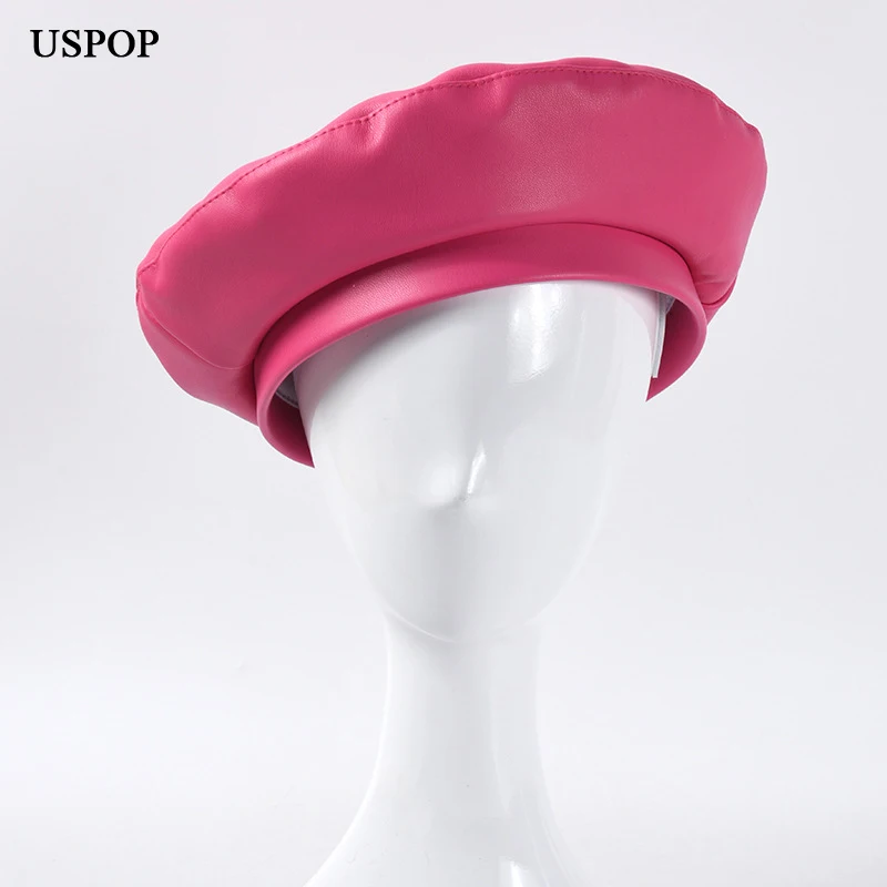 USPOP Autumn Winter Hats Women Berets Solid color PU Leather Beret Hat Rose red Berets