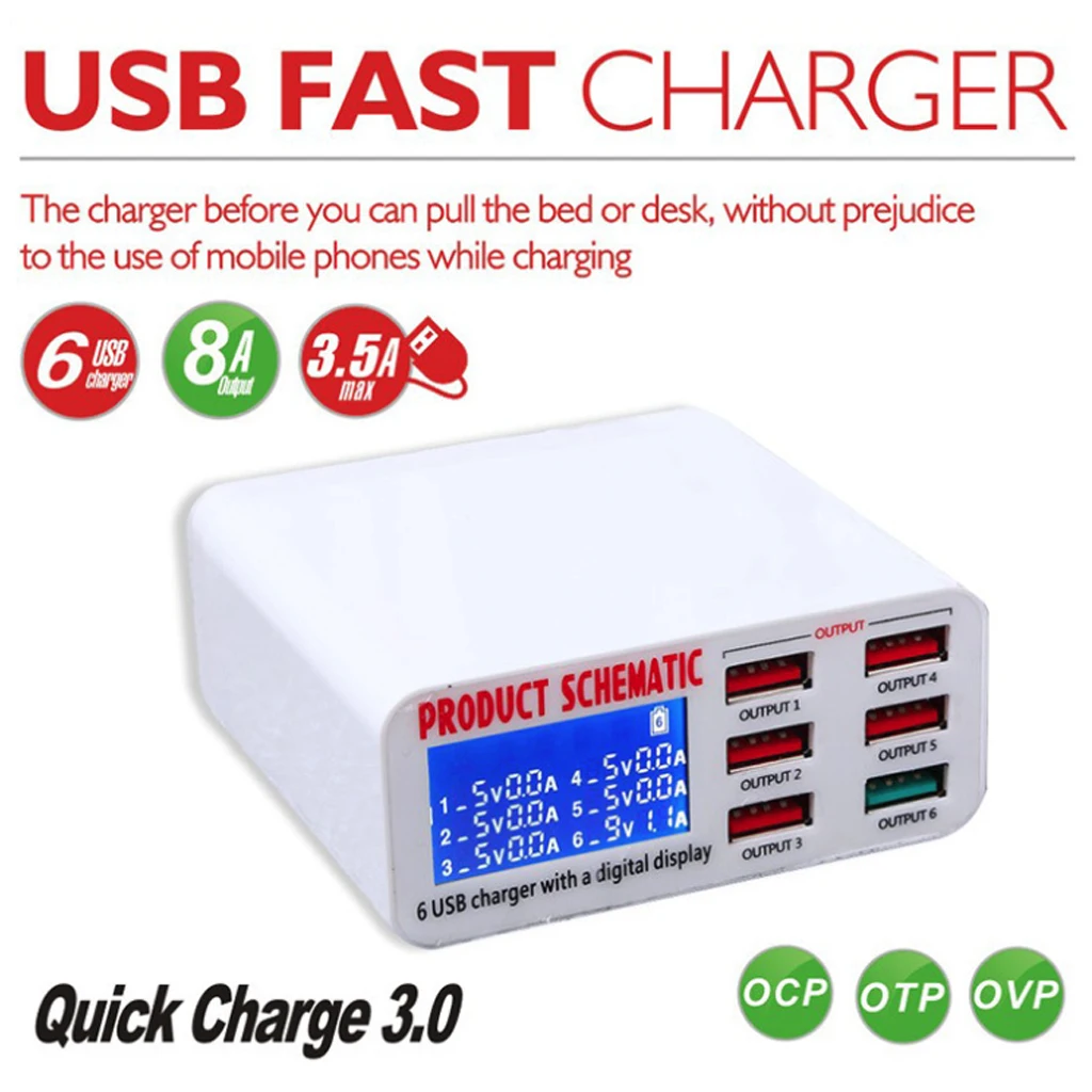 USB Charge 3.0 6-Port 6A USB Charger Adapter Hub Multi Port USB Hub With Charger Dock Station with LCD Display Auto Detect Tech