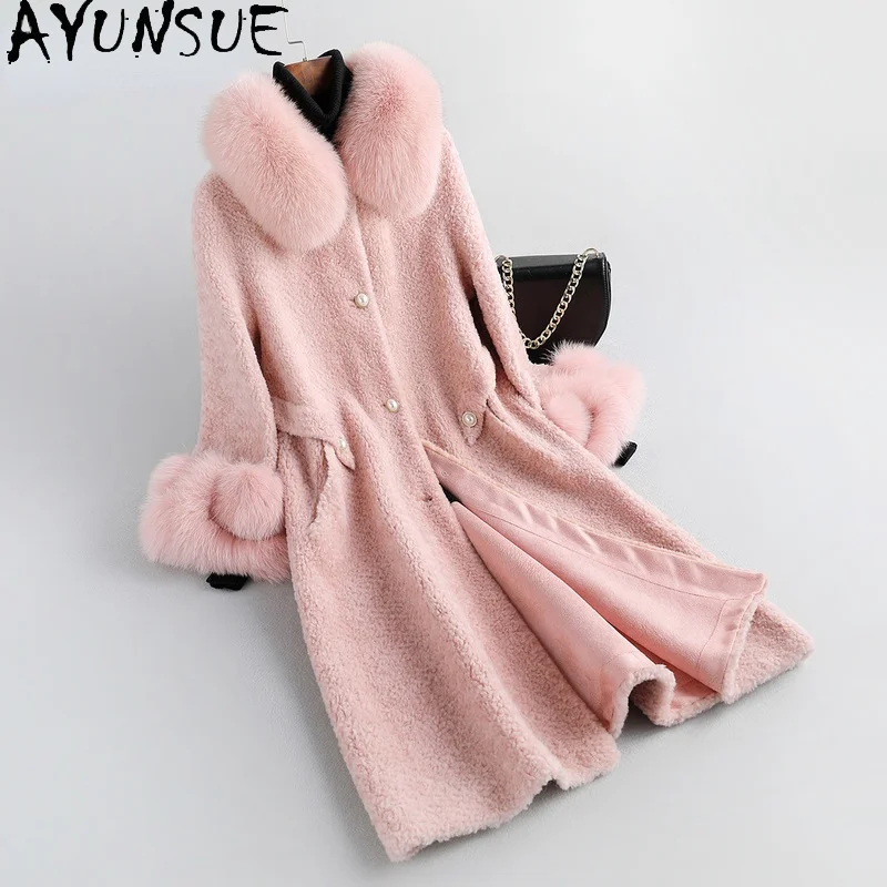 

AYUNSUE Winter Long Sheep Shearling Coat Female 2021 Elegant Real Fox Fur Collar Wool Jacket Women Korean Casaco Feminino Gxy347