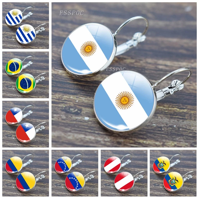 Hook Earrings South American Countries National Flag Pattern Glass Cabochon Hook Earrings Women Flag Jewelry for Travel Gifts