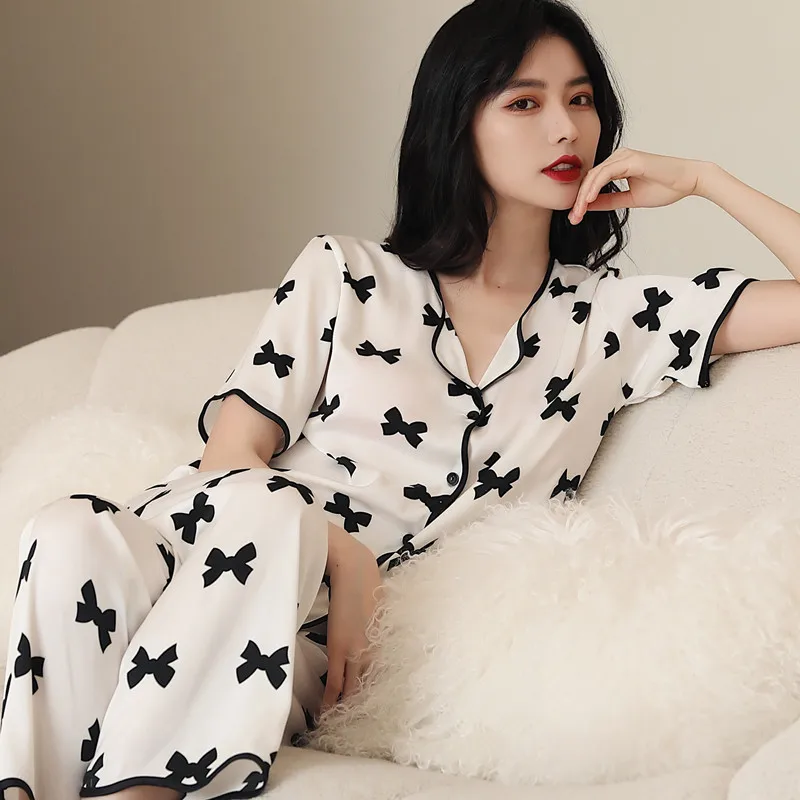 Long Sleeve Silk Pajamas for Womens Set Sexy V-Neck Bow Print Sleepwear Two Piece Suit Spring Nightdress Female Nightwear