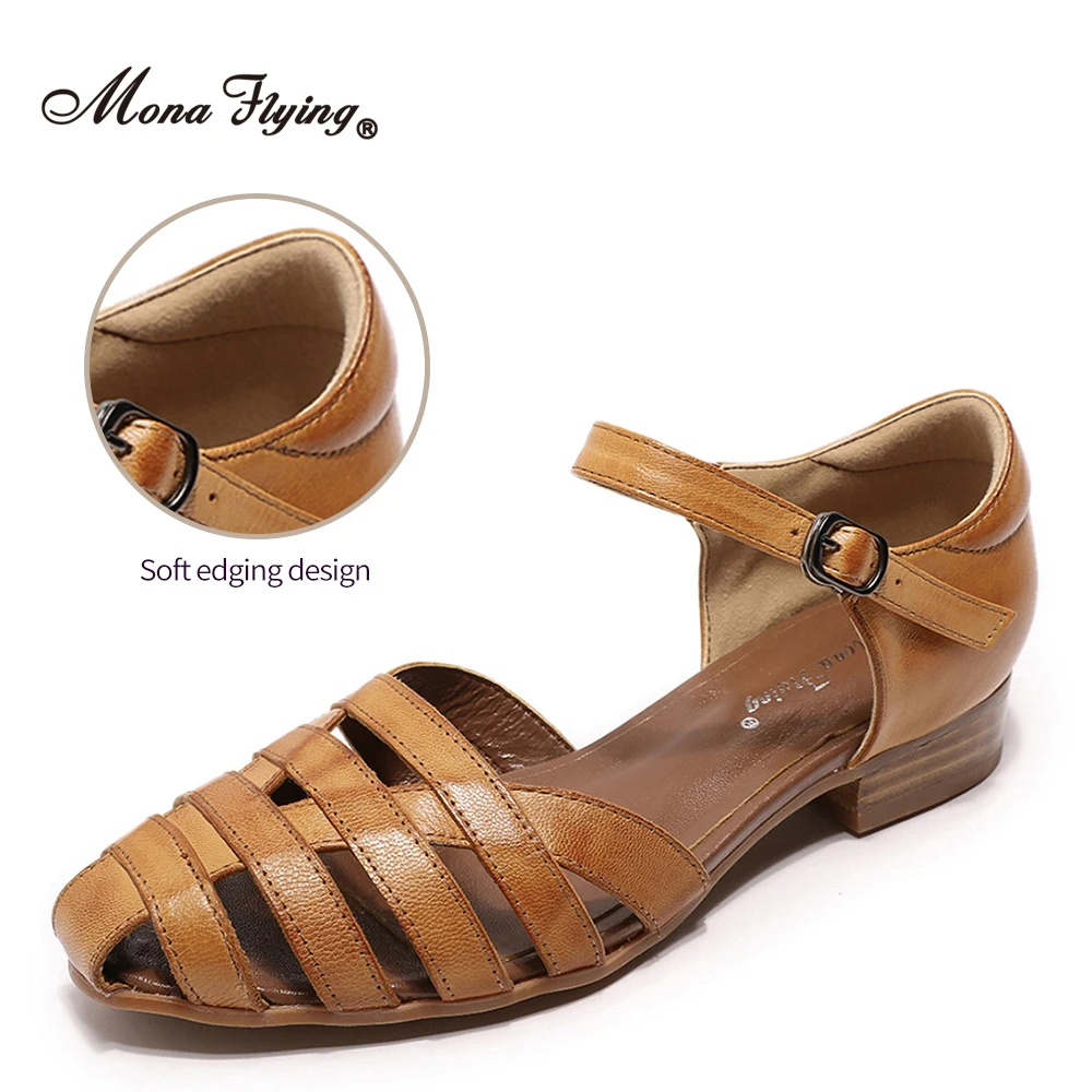 Mona Flying Women\' Sandals Genuine Leather Tatianna Closed Toe Low Heels Strappy Flats Summer Casual Ladies Shoes A068-135