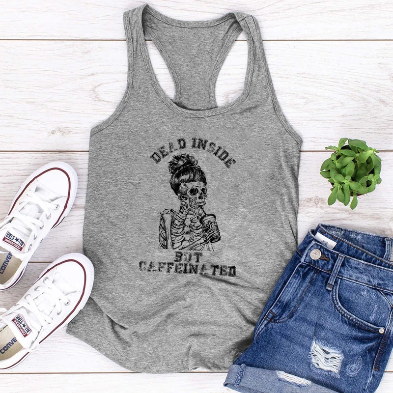 Dead Inside But Caffeinated Tanks Funny Women Coffee Skeleton Graphic Gym Workout Tops