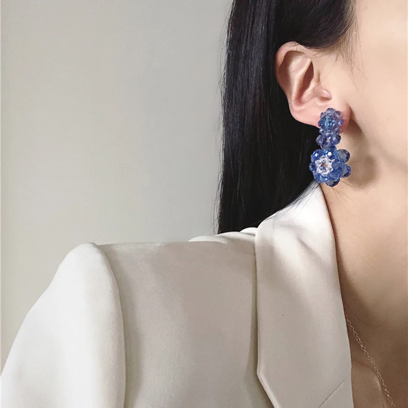 HangZhi New Korean Resin Color Stereoscopic Transparent Flowers Beaded Crystal Long Drop Earring For Women Girl Hot Jewelry Gift