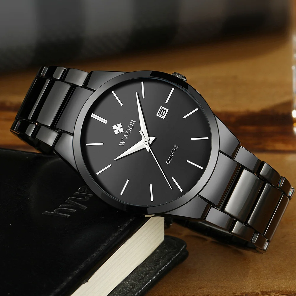 WWOOR New Top Brand Fashion Men Watch Full Black Watches For Men Luxury Men Quartz Wristwatch Male Steel Belt Waterproof Watch