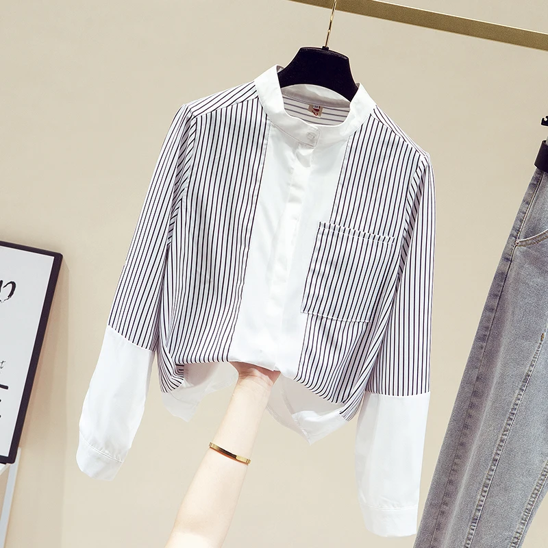 

Women 2021 Spring New Stripe Stitching Chiffon Shirt Stand-up Collar Pocket Black and White Stripes Long-sleeved Shirt Blouse