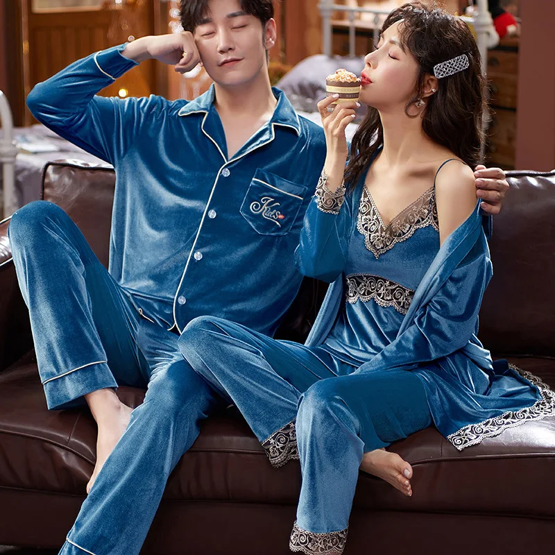 Velour Couple Pajamas Set Autumn Winter Women Sleepwear Pijamas Suit Sexy Patchwork Lace Bathrobe Lingerie Casual Home Clothes