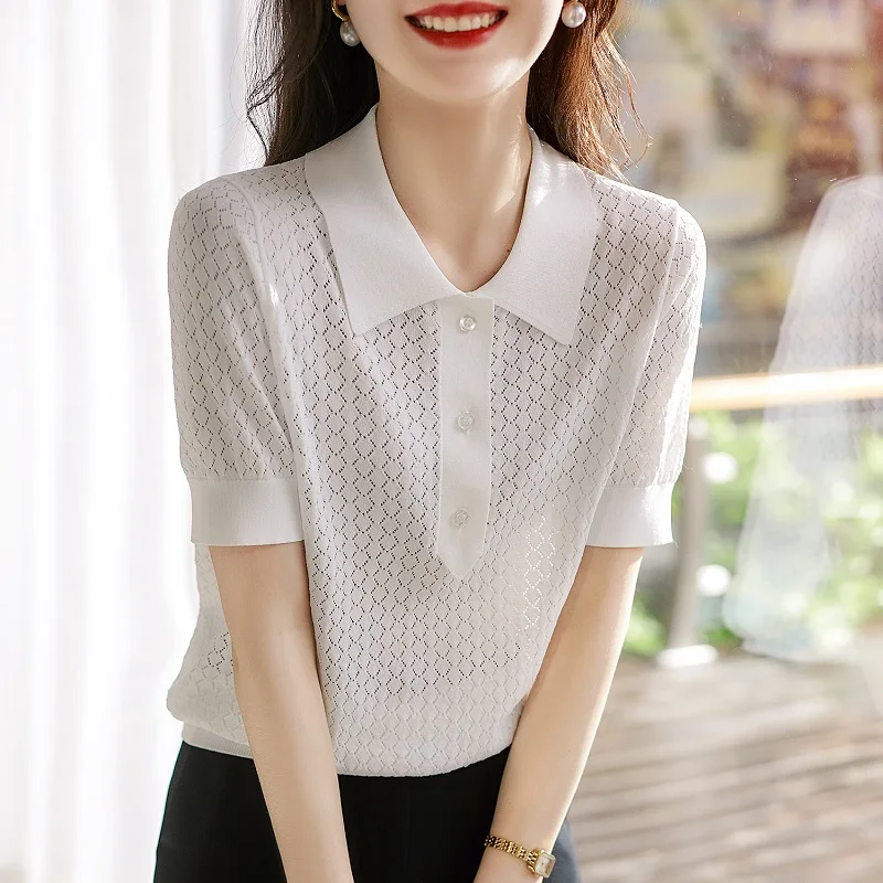 2023 Diamond Eyelet Hollow Out Elegant Thin Pullovers Summer Polo Collar Loose Knitted Tshirts Short Sleeve Cotton Elastic Tops