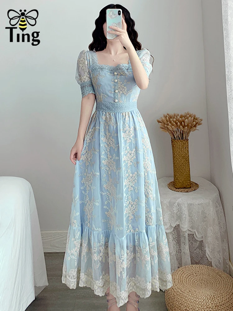 Tingfly Sweet Soft Girl A Line Dress Summer Lace Embroidery Button