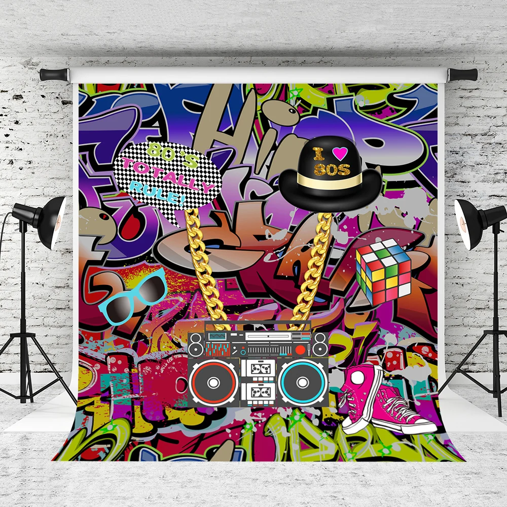 

VinylBDS Graffiti Wall Birthday Background 10ft Hip Pop Background For Photos With Shoe Hat Recorder Backgrounds Photo Studio