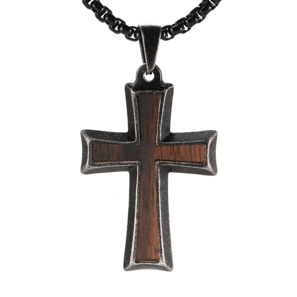 

Men's Vintage Black Ion-Plated Stainless Steel Cross Pendant Necklace Mens Ebony Wood Cross Necklace 2021 Classic Mens Jewelry