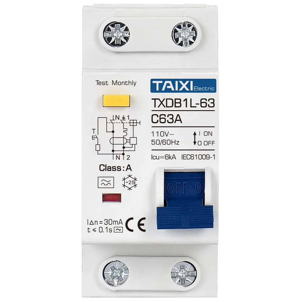 Residual Current Circuit Breaker Type A RCCB MCB RCBO 1P+N 10A 16A 20A 32A 40A 63A Earth Leakage 30MA Overload Protection TAIXI