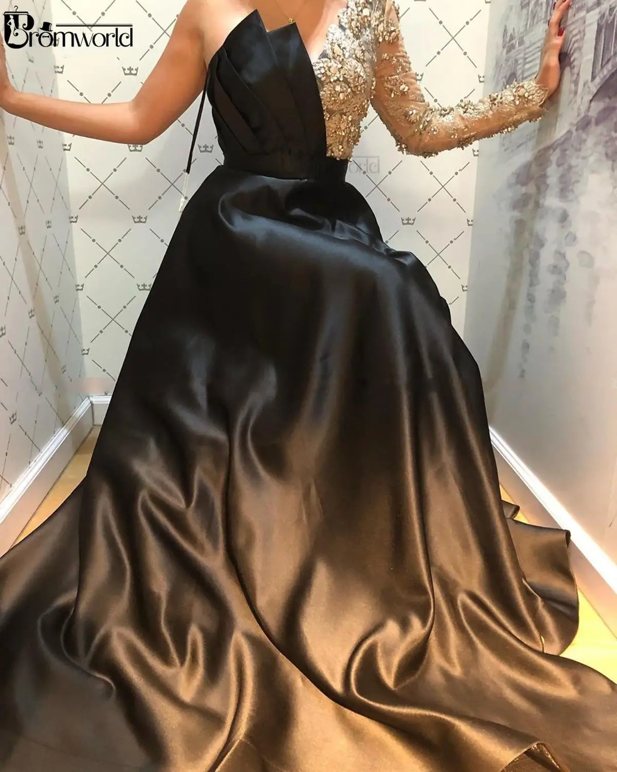 Een Schouder Mouwen Kralen Black Satin Avondjurk Lange Met Slit A-lijn Vestidos Formales Dubai Arabisch Prom Party Gown 2022