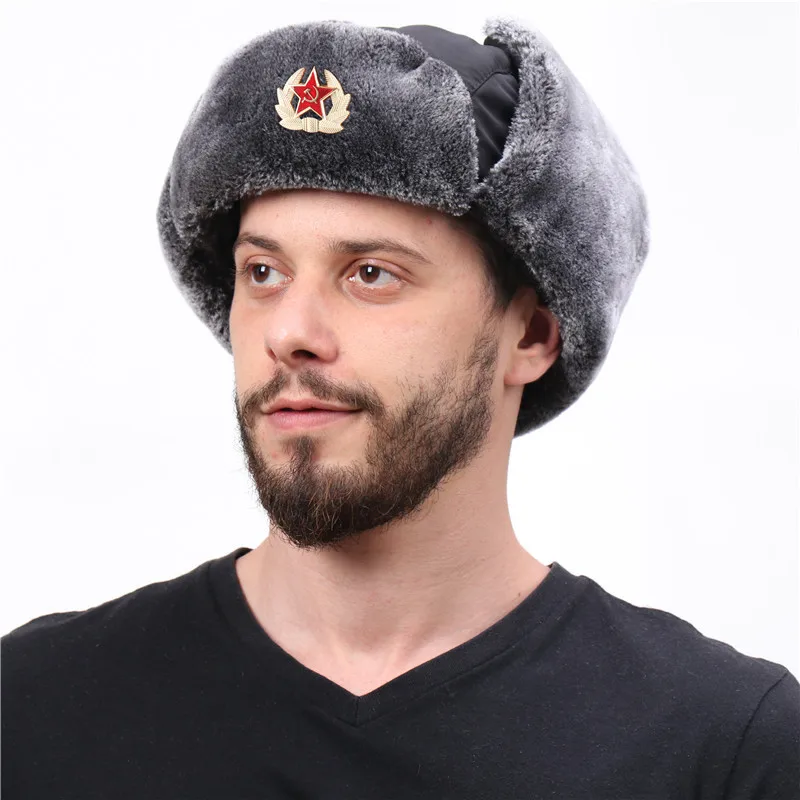 Warm Soviet Badge Lei Feng Hats Men\'s Russian Army Ushanka Bomber Hat Outdoor Plus Velvet Thicken Caps Faux Rabbit Fur Earflap