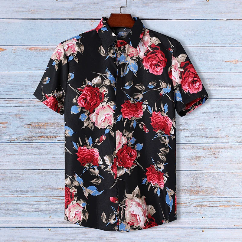 

Summer Beach Shirts Fresh Rose Printing Trendy Hawaii Style Holiday All-Match Thin Cool Comfortable Men Lapel Short Sleeve Tops